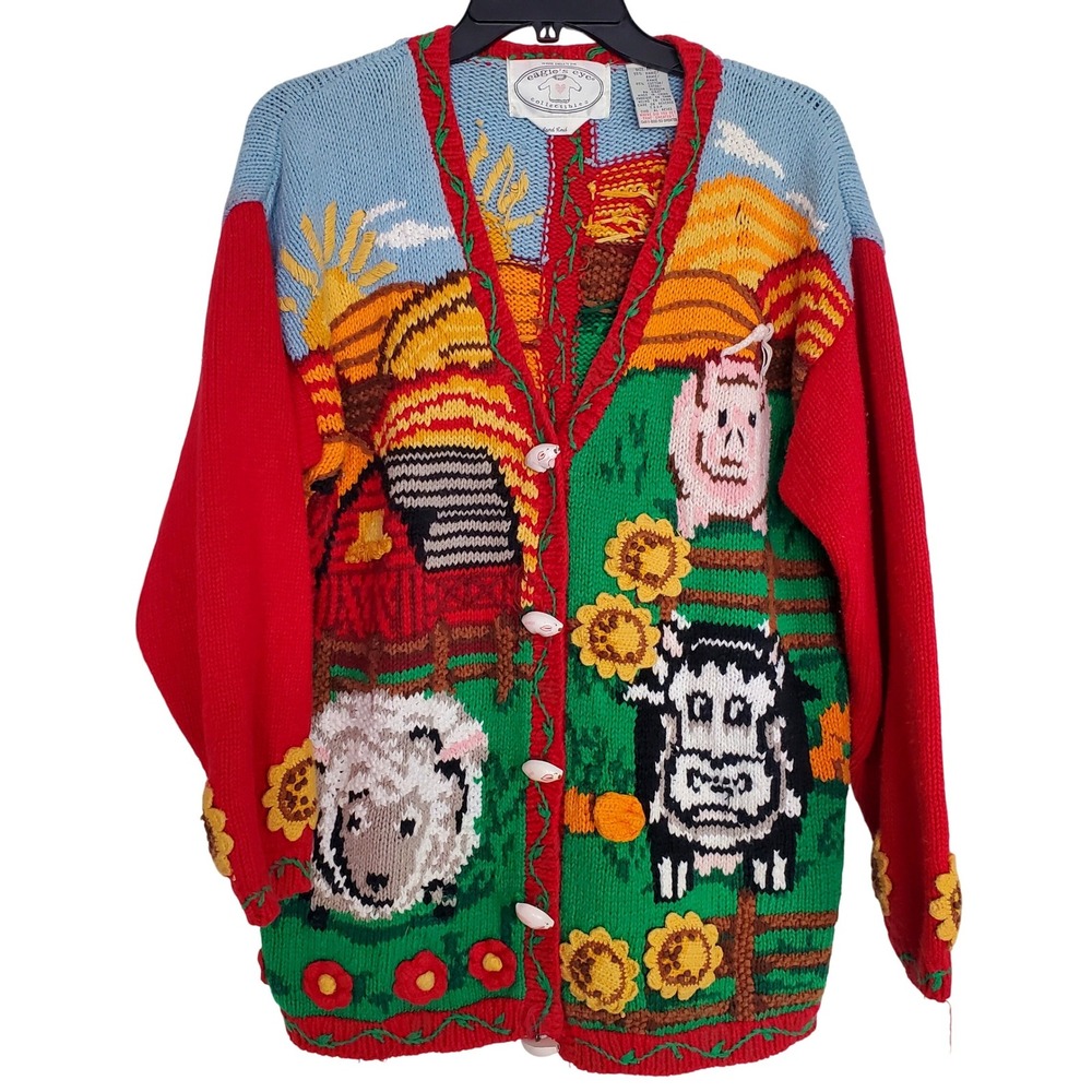 Eagle's Eye Cardigan Multicolor Farm Animal‎ Barn Vintage 90s Novelty Sweater M